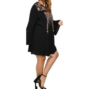Umgee Embroidered Tunic Dress Womens 2XL Black Floral Boho